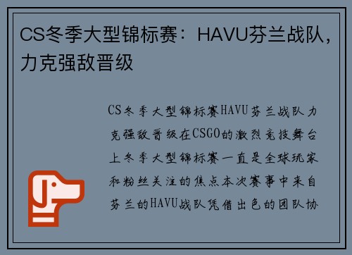 CS冬季大型锦标赛：HAVU芬兰战队，力克强敌晋级