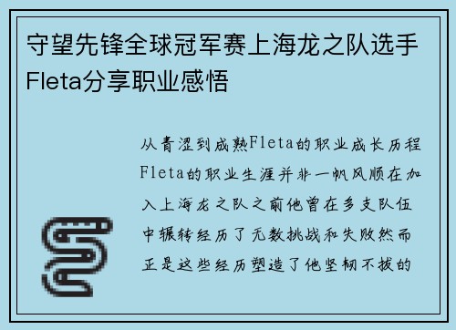 守望先锋全球冠军赛上海龙之队选手Fleta分享职业感悟